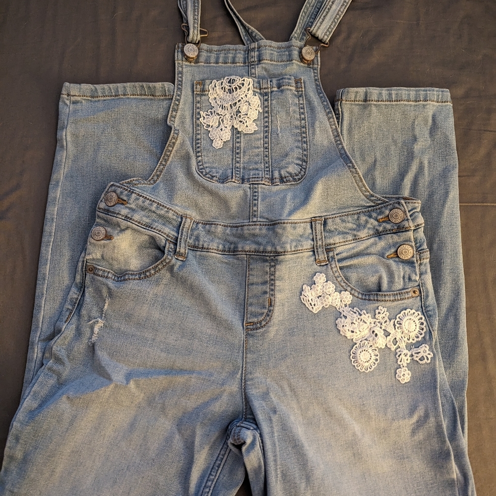 Distressed overalls with embroidery